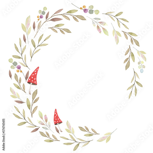 Watercolor tiny details delicate colors round wreath. Hand painted abstract greenery.