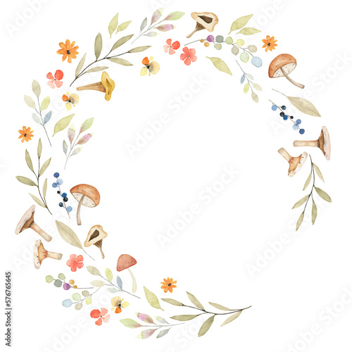 Watercolor tiny details delicate colors round wreath. Hand painted abstract greenery and mushroom
