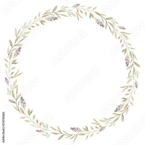 Watercolor round wreath with delicate leaves sprigs   Hand painted greenery decor