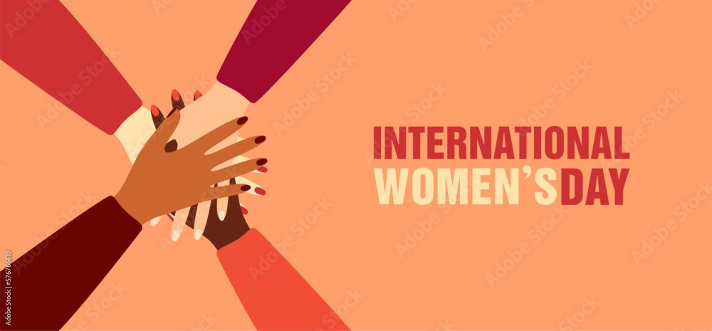 Women of different ethnicity putting their hands together in unity gesture. Concept of female friendship, support and movement for women's rights. International Women's Day. Flat vector illustration Women of different ethnicity putting their hands together in unity gesture. Concept of female friendship, support and movement for women's rights. International Women's Day. Flat vector illustration