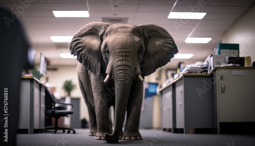 Elephant in the Office, room. Metaphor. Generative AI.