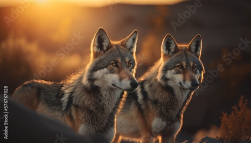 Wolf in the wild during golden hour. Wildlife. Generative AI.