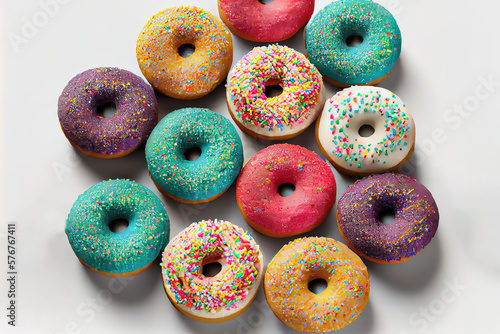 Many colorful frosted cake donuts with candy sprinkles stacked. Generative Ai