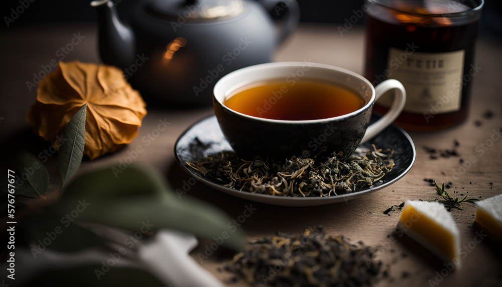 Composition with cup of black tea, Generative AI Composition with cup of black tea, Generative AI