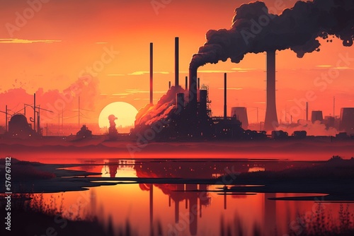 Illustration of power plant pollution background  generative ai