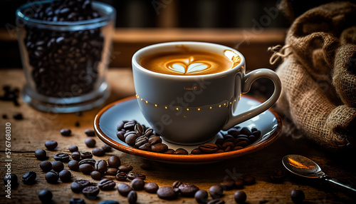 Cup of coffee and coffee beans on wooden table, Generative AI