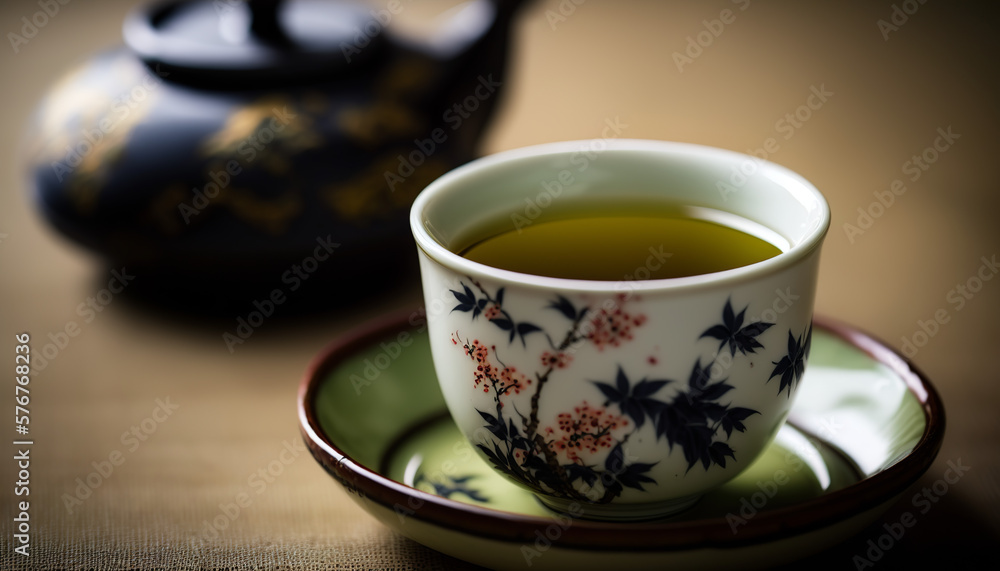 Composition with cup of green tea, Generative AI Composition with cup of green tea, Generative AI