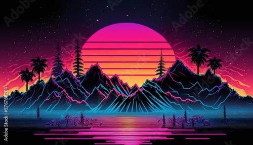 Retro wave or synthwave background, retro summer sunset wallpaper. generative ai