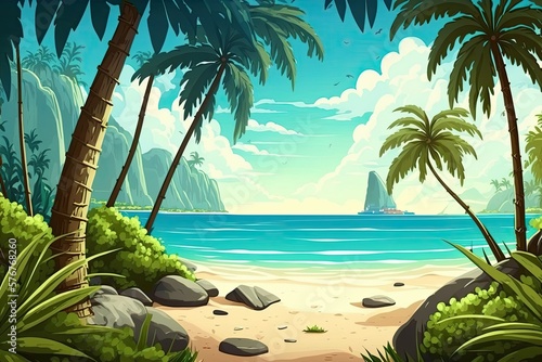 tropical paradise with palm trees and a beautiful beach. Generative AI