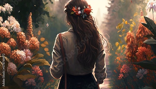backview of a woman walking through a beautiful flower garden in the middle of the city with flowers on her head. spring concept. ai generative photo