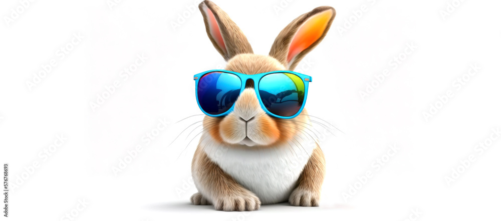 Cute Easter bunny with sunglasses Fabulous Cool rabbit wearing colorful shades, brown and white rabbit on white background with tinted sunglasses. Image created with generative ai. - obrazy, fototapety, plakaty 