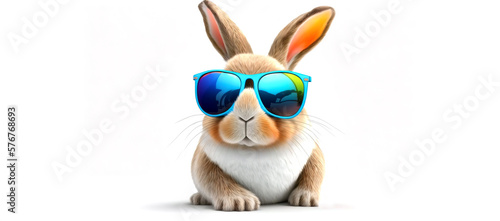 Cute Easter bunny with sunglasses Fabulous Cool rabbit wearing colorful shades, brown and white rabbit on white background with tinted sunglasses. Image created with generative ai.