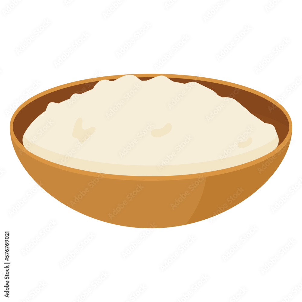 Vector cartoon image of pottery with flour. A plate of rice, dough. The concept of cooking and delicious food. An element for your design Vector cartoon image of pottery with flour. A plate of rice, dough. The concept of cooking and delicious food. An element for your design