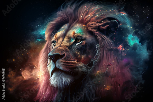 Majestic heavenly lion at universe full of stars on black background.  Digitally generated AI image