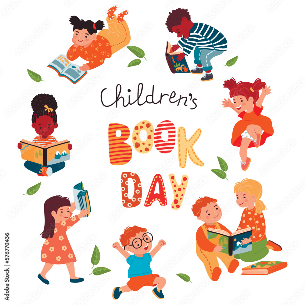 Children's Book Day poster with kids.Happy characters with storybooks