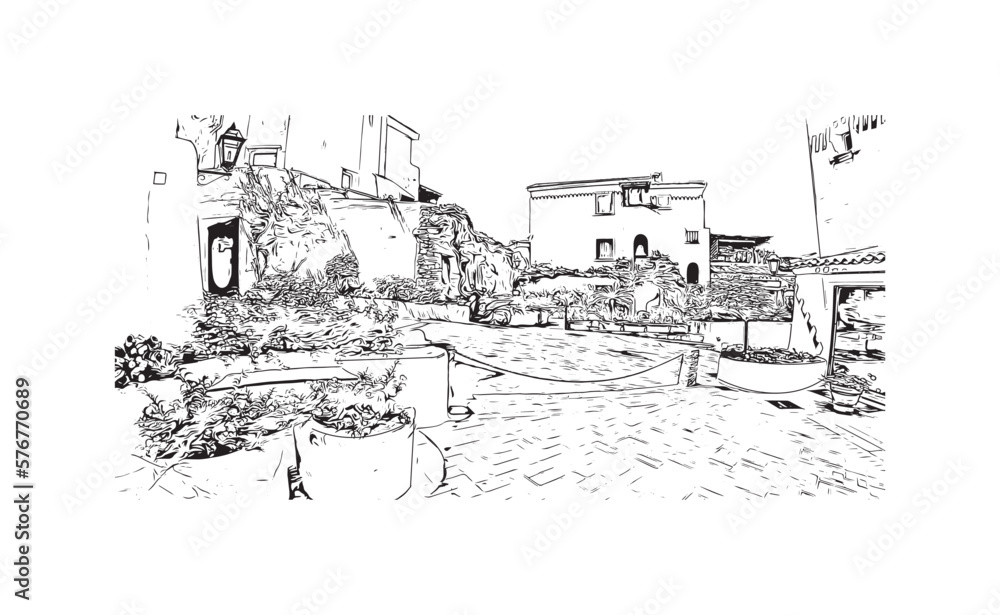 Building view with landmark of Porto Cervo is the 
comune in Italy. Hand drawn sketch illustration in vector.