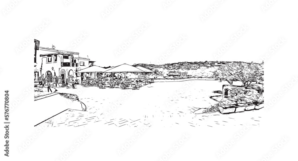 Obraz premium Building view with landmark of Porto Cervo is the comune in Italy. Hand drawn sketch illustration in vector.
