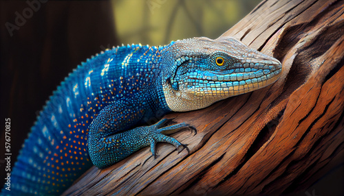 A blue-tongued lizard on a tree trunk generative AI photo
