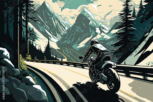 A motorcyclist rides fast on an empty road in the mountains. Generative ai