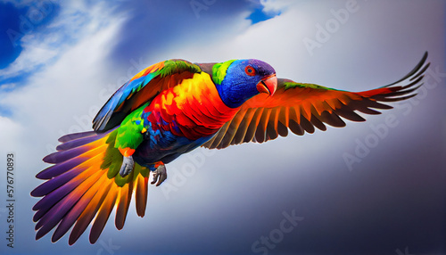 A rainbow lorikeet flying in the sky generative AI photo