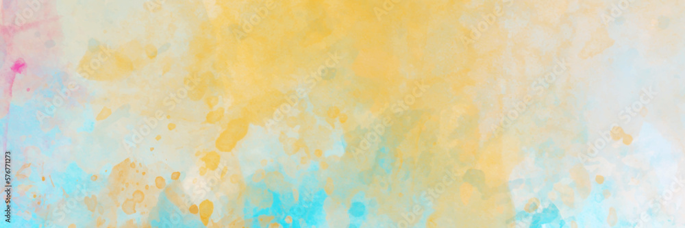 Abstract watercolor background with blue, yellow and brown ink watercolor on white paper.