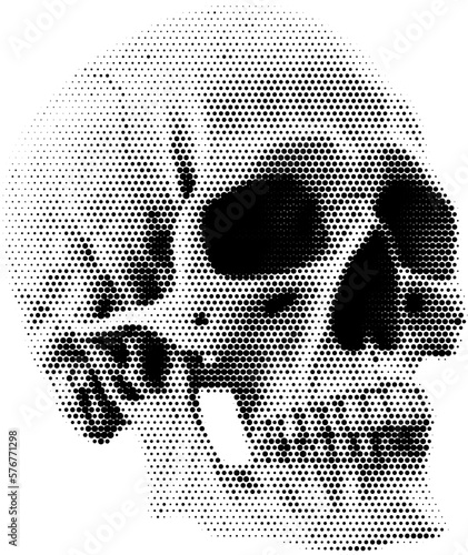 Retro halftone collage elements for mixed media design. Human skull in halftone texture, dotted pop art style. Vector illustration of vintage grunge punk crazy art templates.