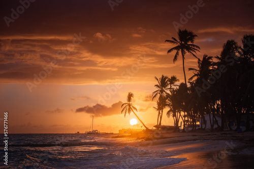 Sunset on the beach. Paradise beach. Tropical paradise, white sand, beach, palm trees and clear water.