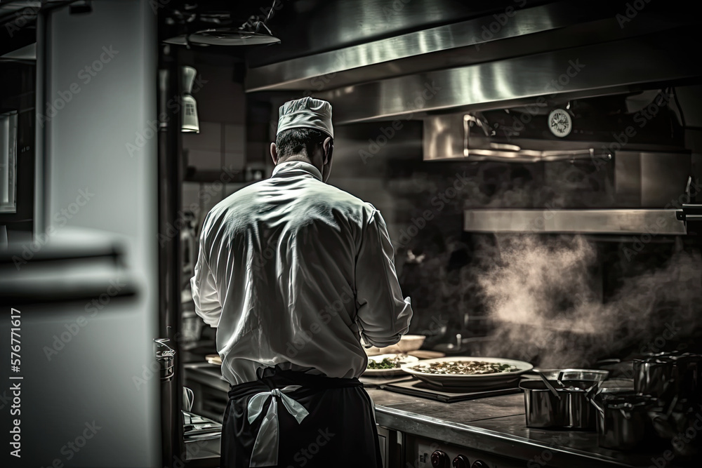 Generative AI Illustration of a cook or chef working in a restaurant kitchen Generative AI Illustration of a cook or chef working in a restaurant kitchen