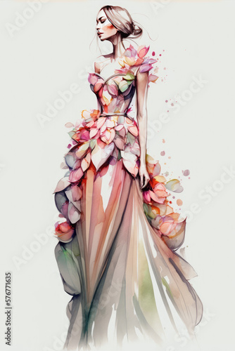 Young woman wearing a long evening dress made of flowers. Watercolor illustration of fashion and clothes. Spring concept. Generative AI