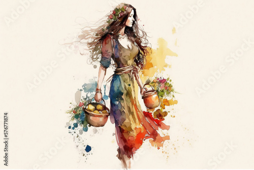 Woman holding objects in watercolor style