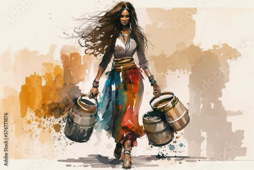 Woman holding objects in watercolor style