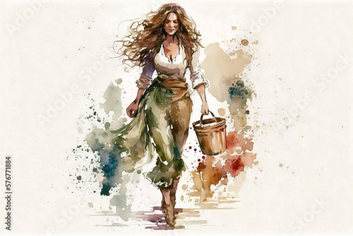 Woman holding objects in watercolor style