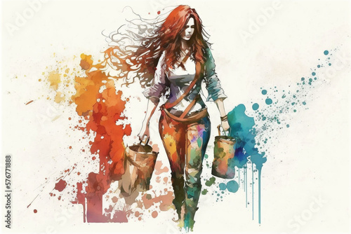 Woman holding objects in watercolor style