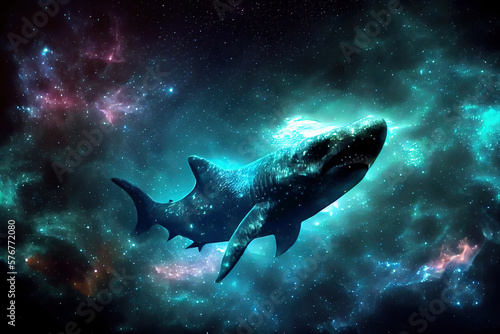 Aesthetic heavenly shark at universe full of stars on black background.  Digitally generated AI image © 0livia