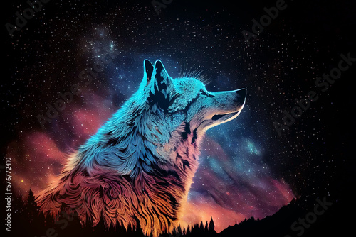Aesthetic heavenly wolf at universe full of stars on black background. Digitally generated AI image