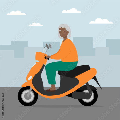 Senior woman traveling on modern motor scooter. Old woman riding electric scooter in the city