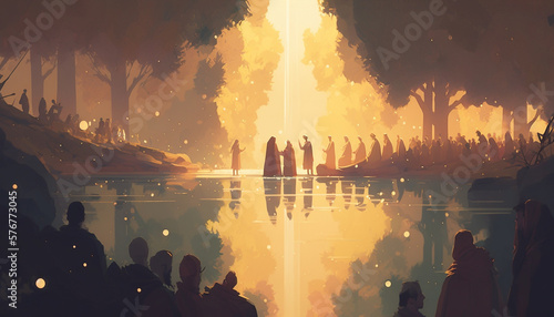 Print op canvas Illustration representing the baptism of jesus - AI generative