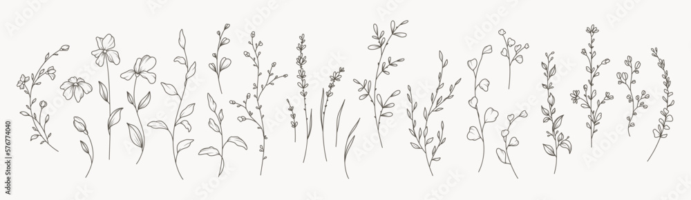 Hand drawn thin floral botanical line art. Trendy minimal elements of wild and garden plants, branches, leaves, flowers, herbs. Vector illustration for logo or tattoo, invitation save the date card - obrazy, fototapety, plakaty 