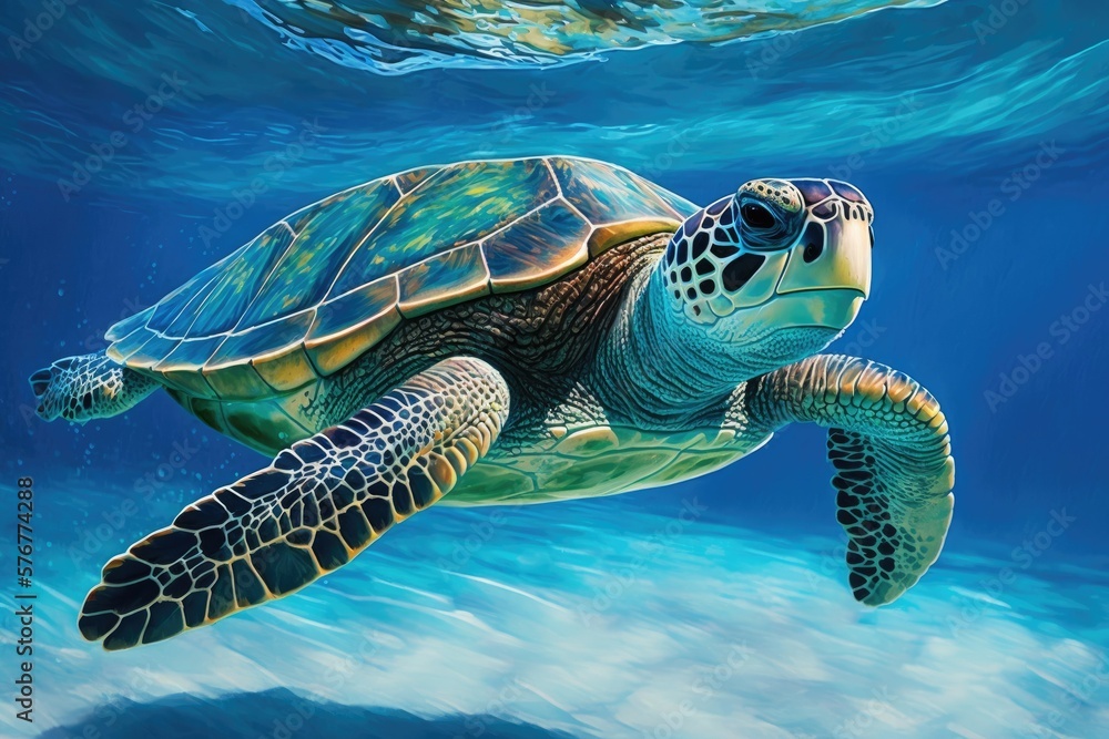 Fototapeta premium We see a sea turtle swimming in blue water. Underwater photo of a friendly turtle species. a marine mammal in its natural habitat Do something fun during the summertime. Dive or snorkeling banner layo