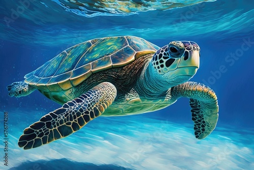We see a sea turtle swimming in blue water. Underwater photo of a friendly turtle species. a marine mammal in its natural habitat Do something fun during the summertime. Dive or snorkeling banner layo