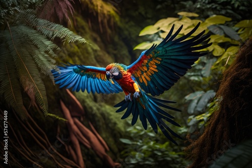 A colorful parrot flies through the jungle. (Generative AI)