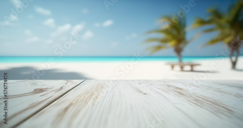 Sective focus.White rustic wood table top with blur sea or beach and.For design product commercial,advertisement or material for packshot key visual layout.ai generated images