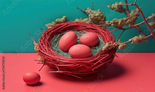  three eggs in a red nest on a pink surface next to a branch of a plant with buds on it and a blue background behind it.  generative ai