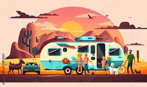  a group of people standing next to a camper in the desert with a dog and a horse on a leash in front of a sunset.  generative ai © Shanti