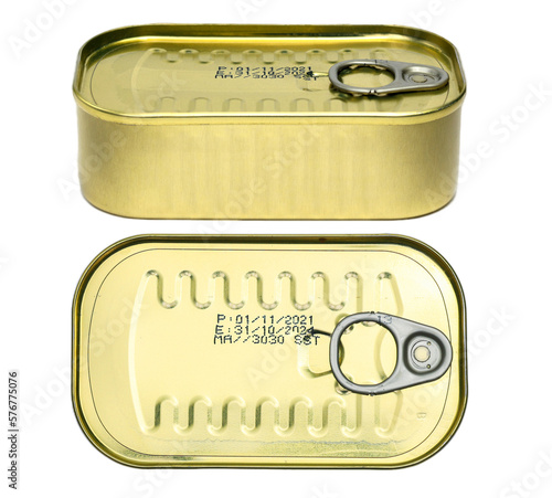 Bild auf Leinwand Set of Preserve food canned in Golden metal square tin cans for food can mock up