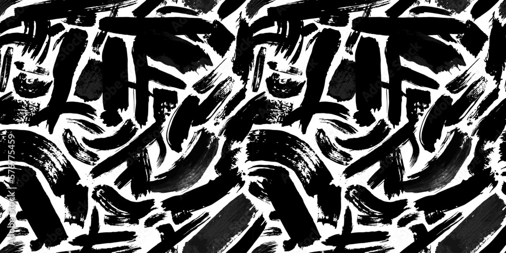 Black and white abstract brush stroke painting seamless pattern