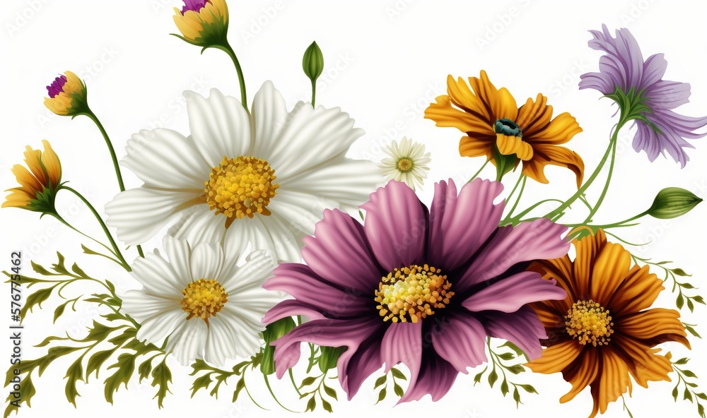 a bunch of different colored flowers on a white background with green leaves and stems in the center of the picture, with a white background with a white background and yellow border. generative ai a bunch of different colored flowers on a white background with green leaves and stems in the center of the picture, with a white background with a white background and yellow border. generative ai