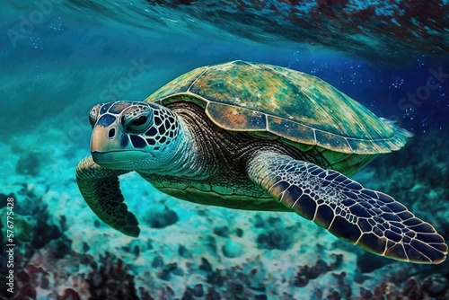 Snuggling sea turtle in the clear blue water of the tropics. Images of a green sea turtle taken while underwater. An untammed sea mammal in its native habitat. A coral reef animal that is critically e © AkuAku