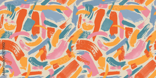 Colorful abstract brush stroke painting seamless pattern illustration. Modern paint line background in fun summer color. Messy graffiti sketch wallpaper print, freehand rough hand drawn texture.