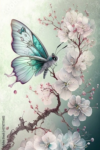 Butterfly with Cherry Blossoms on Soft Fairy Mist Background. Spring Theme. Generative AI.